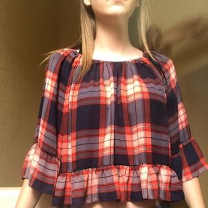 Red and Navy Plaid Off the Shoulder Top
